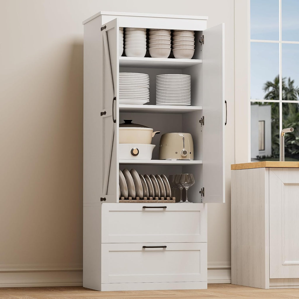 71” H Kitchen Pantry Cabinet, 4-Tier Farmhouse Storage Cabinet with Barn Doors, 2 Drawers, Adjustable Shelf, Freestanding Cupboard for Kitchen, Bathroom, Living Room (White)