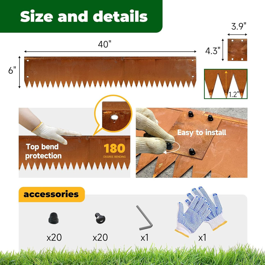 Cor Ten Steel Metal Landscape Edging 40 inch with Top Bending Protection Pre-Rusted Cor Ten Steel Garden Edging 6 Inch Depth 180 Degree Bend 6 Pack for Lawn Yard (6 inch-180 Degree Bend, Rusted)