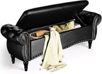 ZZW Storage Ottoman Bench, 51" Length Upholstered End of Bed Storage Bench for Bedroom with Safety Hinge, Tufted Bed Benches with Rolled Arm and Nailhead Trim for Living Room, Entryway Black