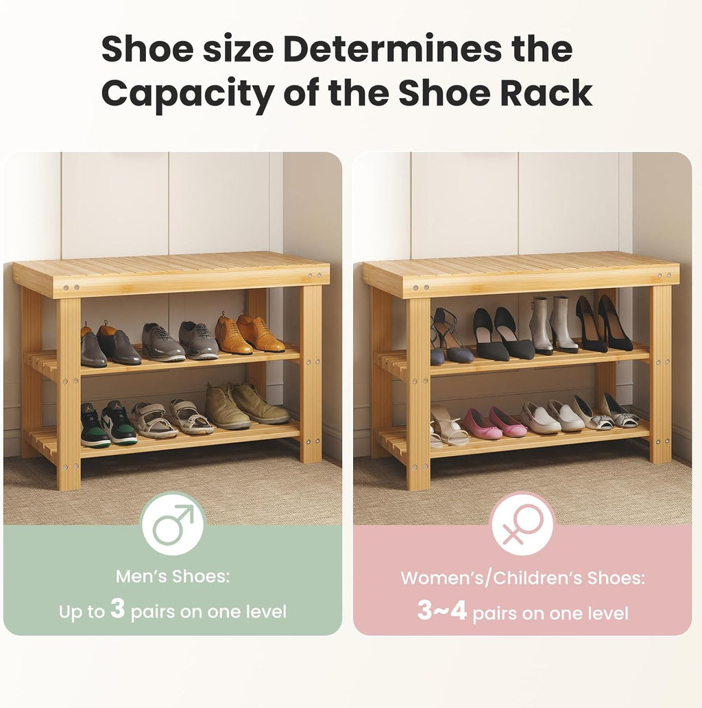 DUMOS Shoe Rack Bench with Storage, 3-Tier Bamboo Entryway Benches, Wooden Shoe Rack Holds Up to 286 lb Storage Organizer, Suitable for Bedroom Living Room Balcony, Classical Wood