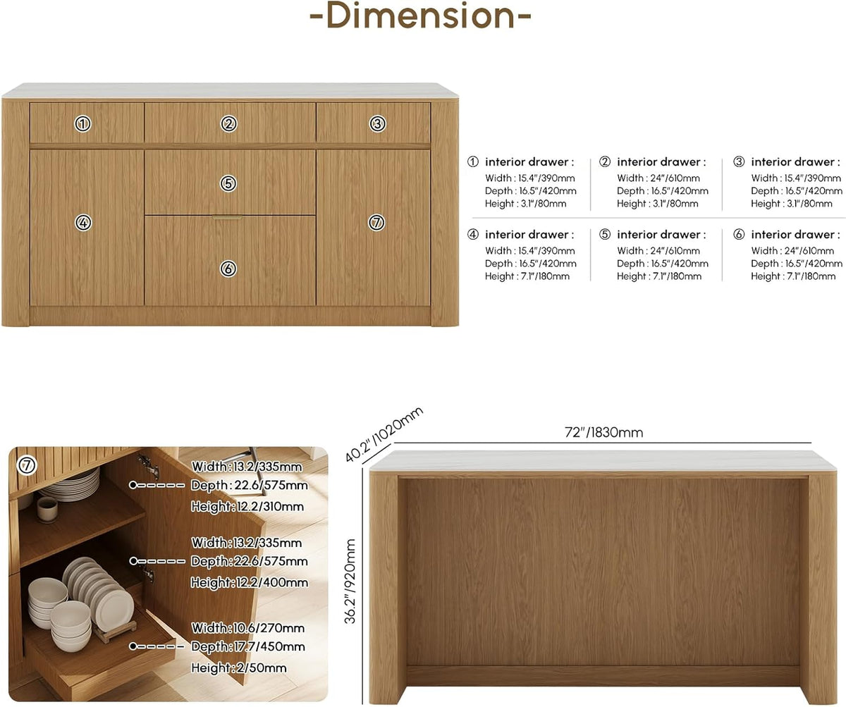 homary Kitchen Island with Storage with Sintered Stone Top, Solid Rubberwood Base with Ash Veneer, 72" Large Stationary Kitchen Cabinet with 5 Drawers, Trash Storage & Shelves, Modern Fluted Design