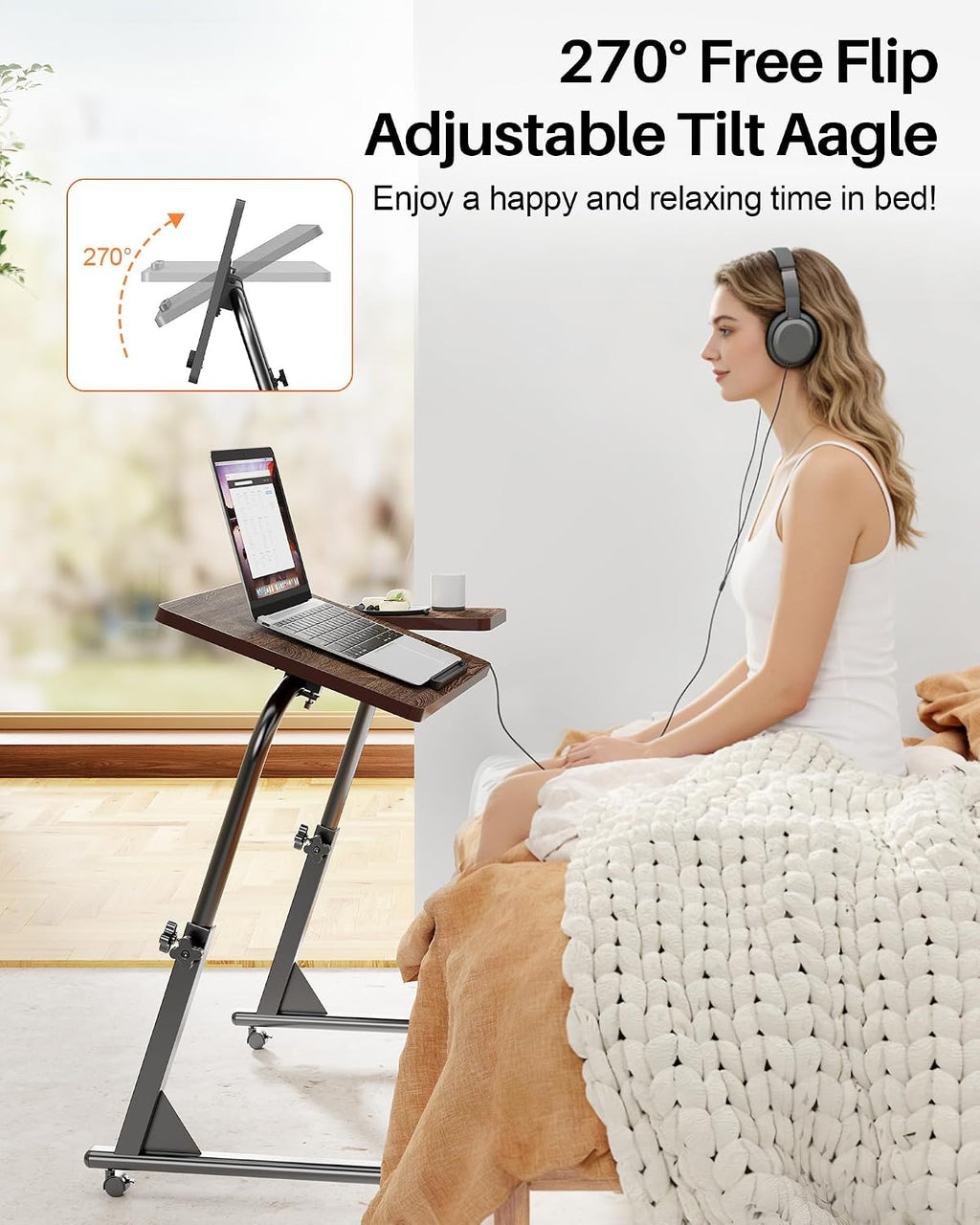 TV Tray Table with Wheels, Height Adjustable Folding Laptop Desk for Sofa | TV Dinner Trays for Eating on Couch, Mobile Sofa Side Table with Tilt Top, Portable Snack Desk for Couch, Bed and Recliner