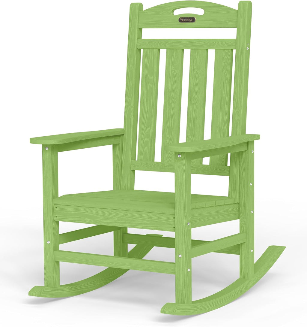 Rocking Chairs Outdoor, Oversized Patio Rocking Chair, All Weather Resistant HDPE, Heavy Duty Porch Rocker Chair with High Back Wide Arm Rest, LemonGreen