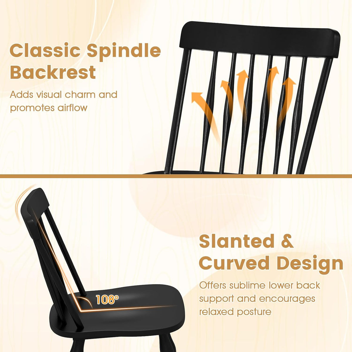 Giantex Black Windsor Dining Chairs Set of 4, Farmhouse Rubber Wood Kitchen Chairs with Turned Legs, Curved Spindle Back & Contoured Sat, Wooden Dining Room Chair for Living Room Restaurant