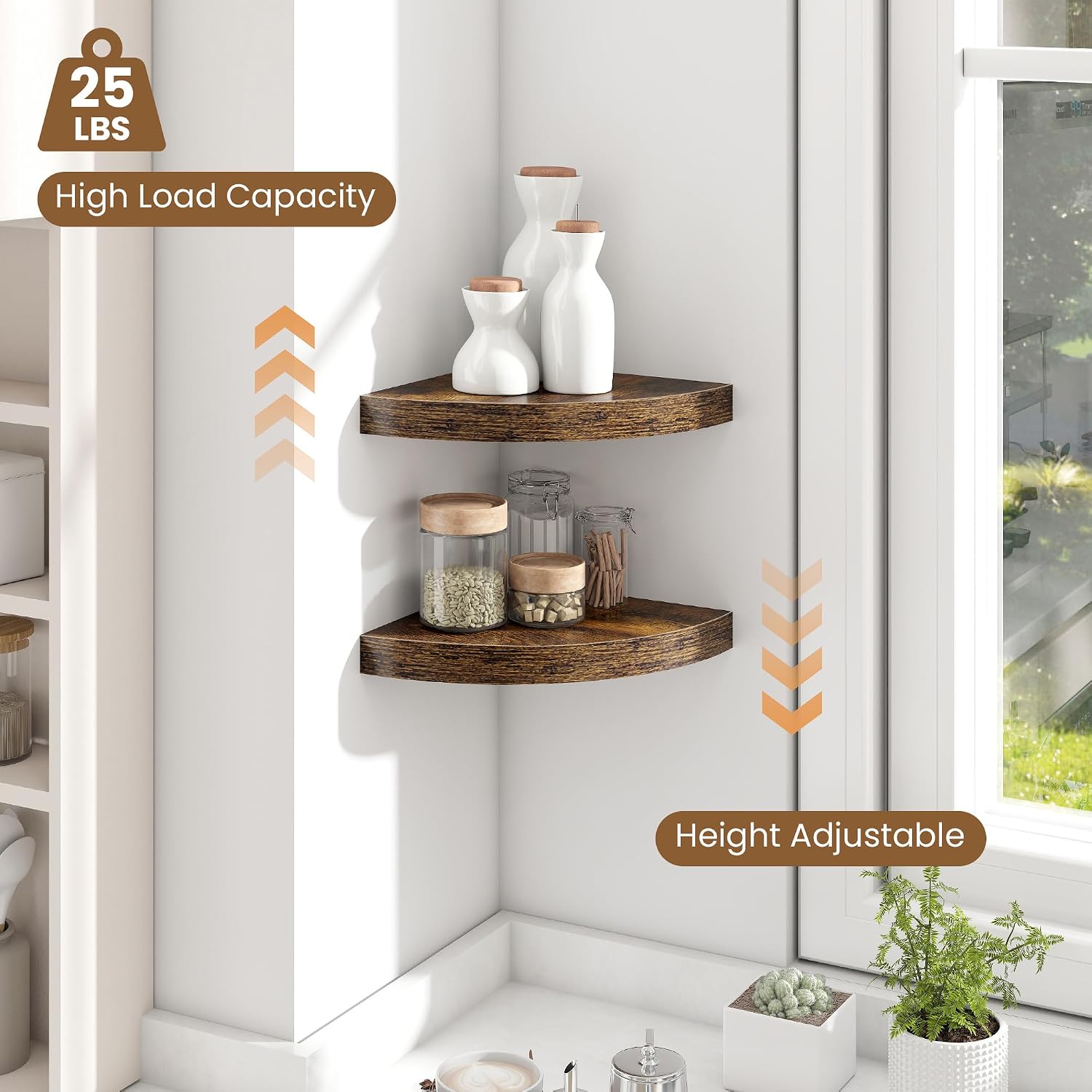 Fun Memories Floating Corner Shelves Set of 2 - Rustic Wood Wall Mounted Storage and Display Shelves for Living Room, Bedroom, Kitchen, Bathroom - Space Saving Home Decor, Brown