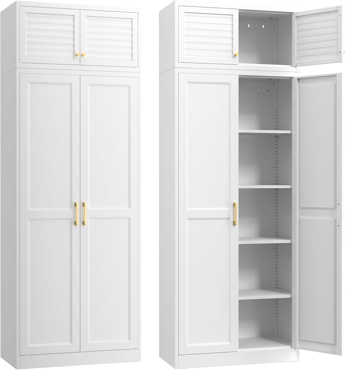SteeLoong 86“ Kitchen Pantry Cabinet,Metal Storage Cabinets with Doors and 4 Adjustable Shelves,White Kitchen Cabinet with 4 Gold Handles,Tall Cabinet for Livingroom,Pantry, Bathroom