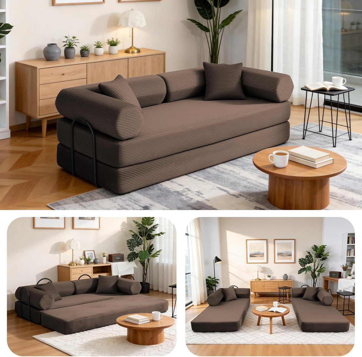 79" Corduroy Sofa Bed, Couch in a Box with 2 Pillows, High-Density Foam 4-in-1 Foldable Sleeper Futon Loveseat for Small Spaces, No Assembly, Side Pockets, Hex Arm Brown