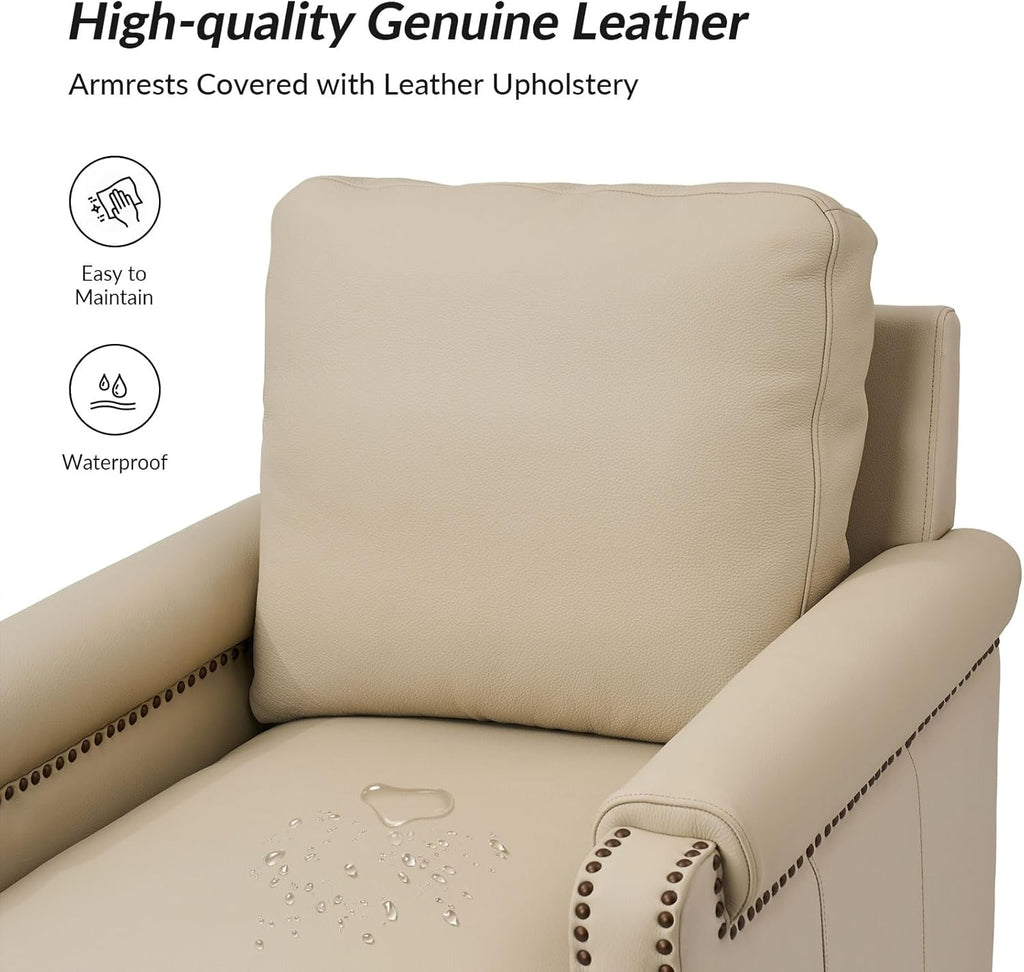 HULALA HOME Genuine Leather Accent Chair Set of 2 with Nailhead Trim, Beige | Mid-Century Modern Armchair with Solid Wood Legs, Rolled Arms, and Removable Cushion