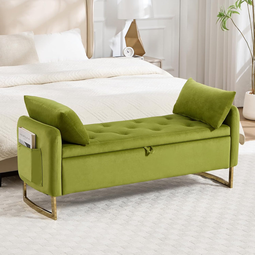 48" End of Bed Bench, Modern Storage Benches with Button-Tufted, Velvet Upholstered Storage Ottoman Bench for Foot of Bed with Arms, Gold Legs Window and Entryway, Olive Green