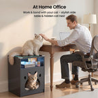 Cat House Night Cabinet with Charging Station & LED Lights, Modern Wooden Night Stand with Cozy Hidden Cat Condo, Dark Grey End Cabinet with Open Shelf, Home Accent Furniture