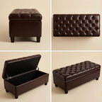 Leather Storage Bench for Living Room, End of Bed Bench with Storage, Large Upholstered Ottoman Benches Entryway Bench with Button-Tufted Shoe Cabinet Ottoman for Dining Room, Hallway, Brown