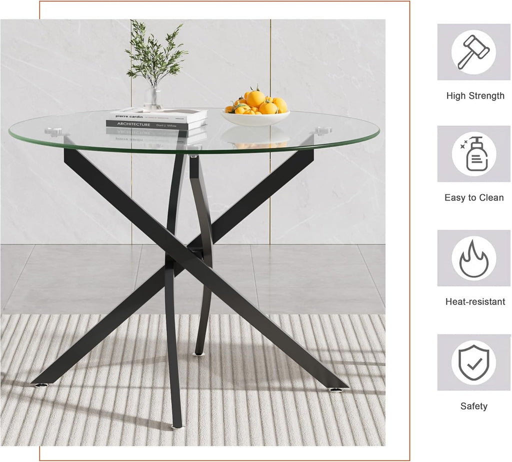 Small Round Dining Table Set for 4, Modern Glass Kitchen Table Chairs Set of 4, 5-Piece Dining Table Set w/36 Circle Black Glass Dining Room Table and 4 Grey Upholstered Dining Chairs