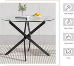 Small Round Dining Table Set for 4, Modern Glass Kitchen Table Chairs Set of 4, 5-Piece Dining Table Set w/36 Circle Black Glass Dining Room Table and 4 Grey Upholstered Dining Chairs