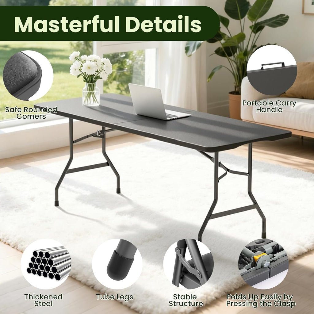 6FT Black Plastic Folding Table Set with 6 Black PU Padded Chairs | Portable Foldable Tables and Chairs for Parties Picnic Events Office Dining Outdoor Activities Home and Commercial Use