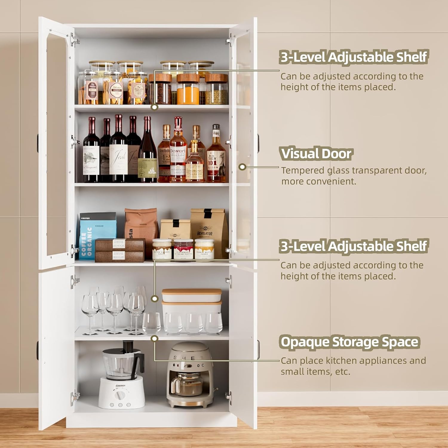 White Kitchen Pantry Cabinet, 78.7" Tall China Cabinet with Glass Doors and Adjustable Shelves, Wooden Display Cabinet for Dining, Living Room, White (Large, 31.5" W)