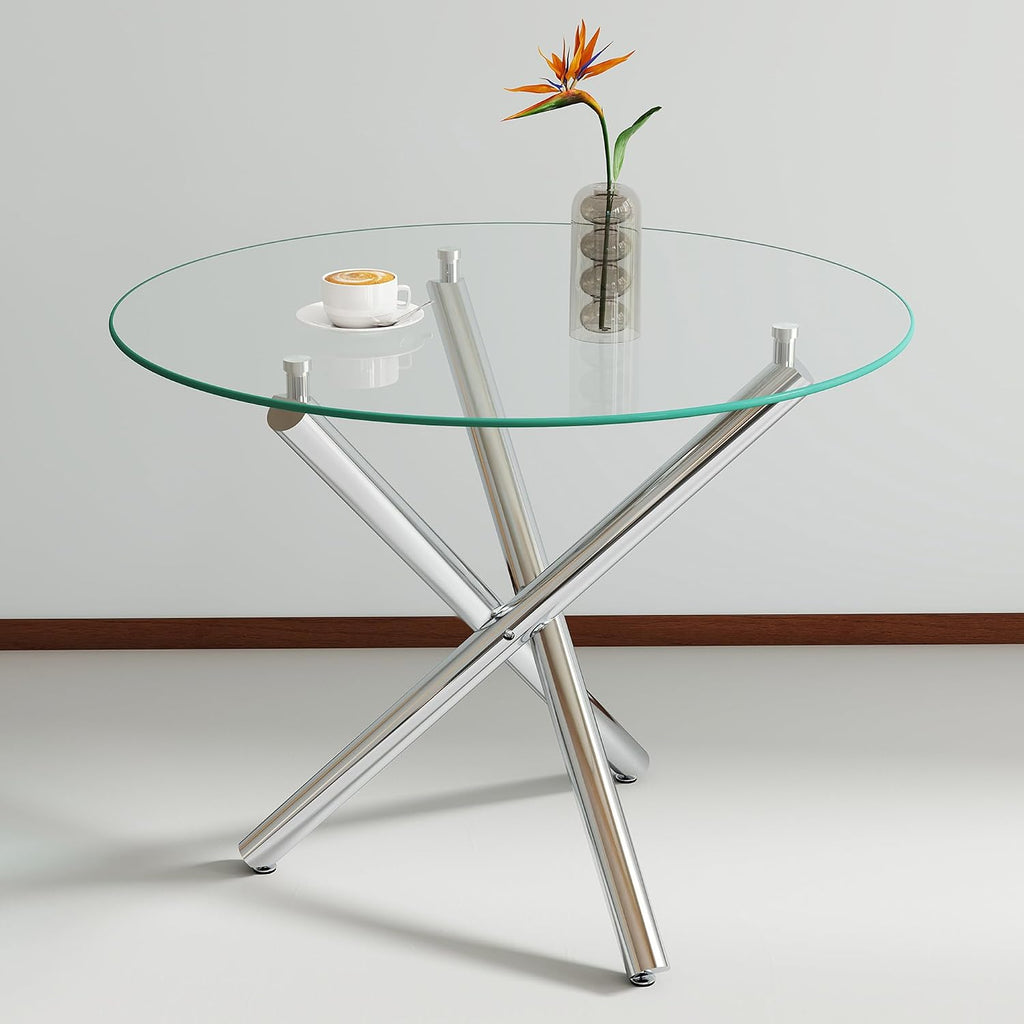 Modern Dining Room Table for 4 People, 36" Round Dining Table with Silver Chrome Metal X-Base, Circle Tempered Glass Dining Room Tables, Small Dining Table Kitchen Tables Dinner Tables
