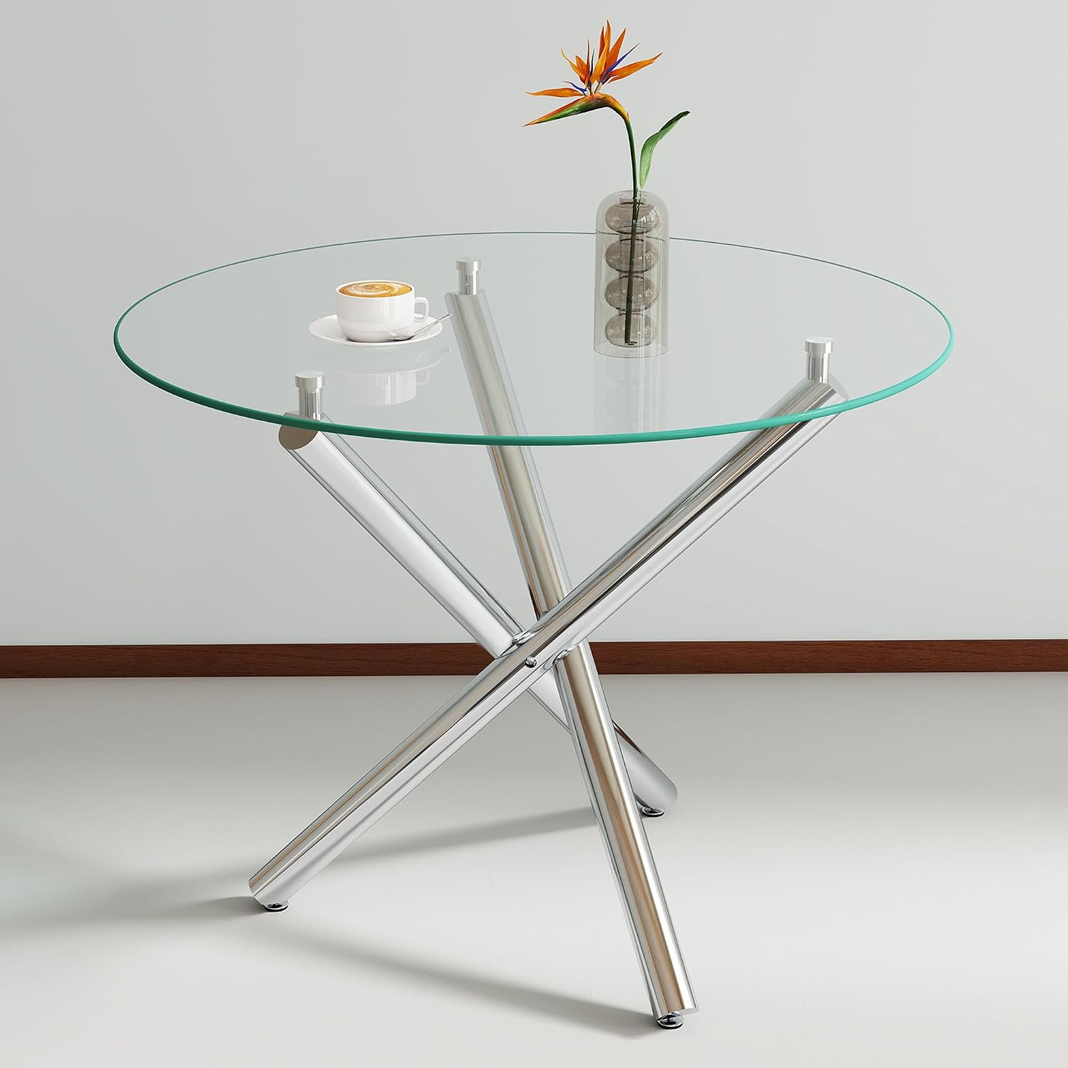 Modern Dining Room Table for 4 People, 36" Round Dining Table with Silver Chrome Metal X-Base, Circle Tempered Glass Dining Room Tables, Small Dining Table Kitchen Tables Dinner Tables