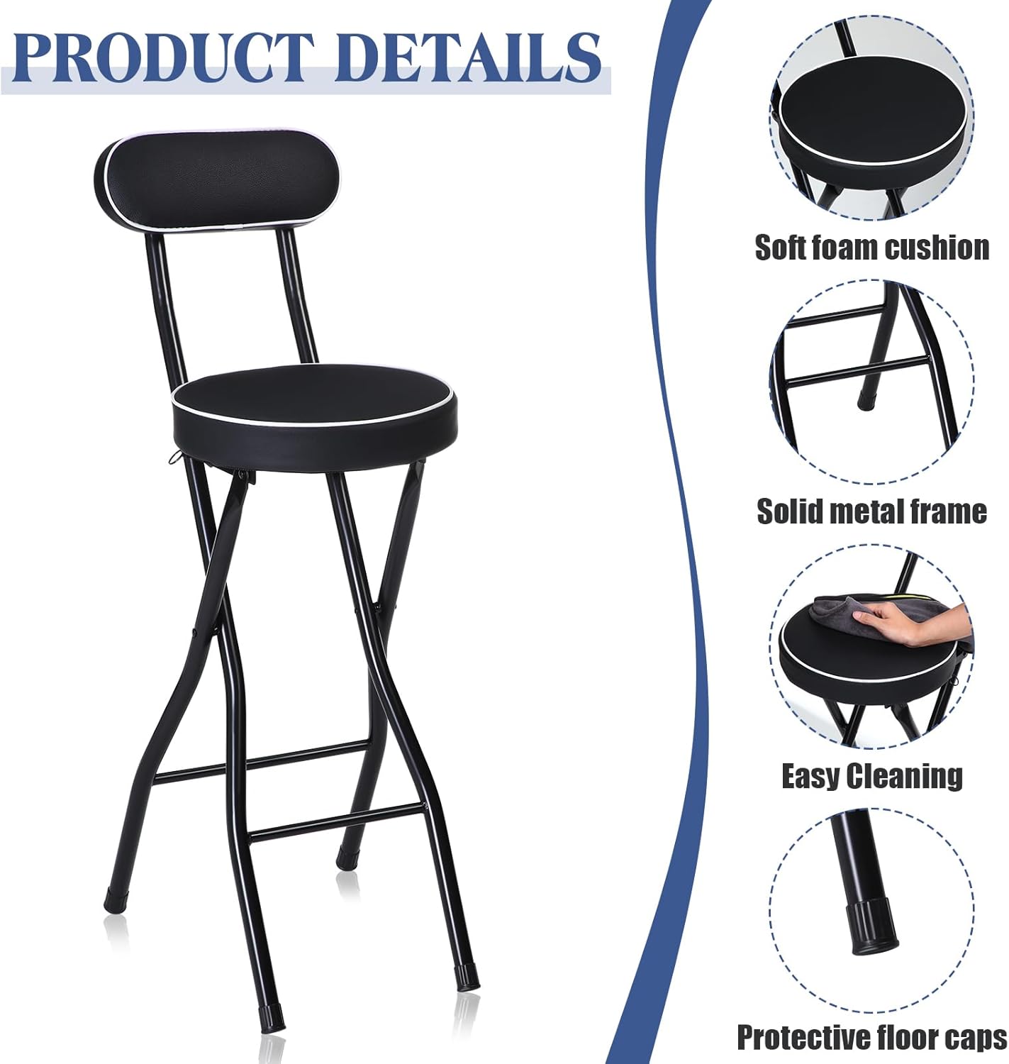 Thyle 1 Pcs 27.5 Inch Folding Bar Stool with Backrest Tall Foldable Stool Chair with Cushioned Padded Portable Collapsible Counter Height Chair for Kitchen Island Shop Cafe Dining Room