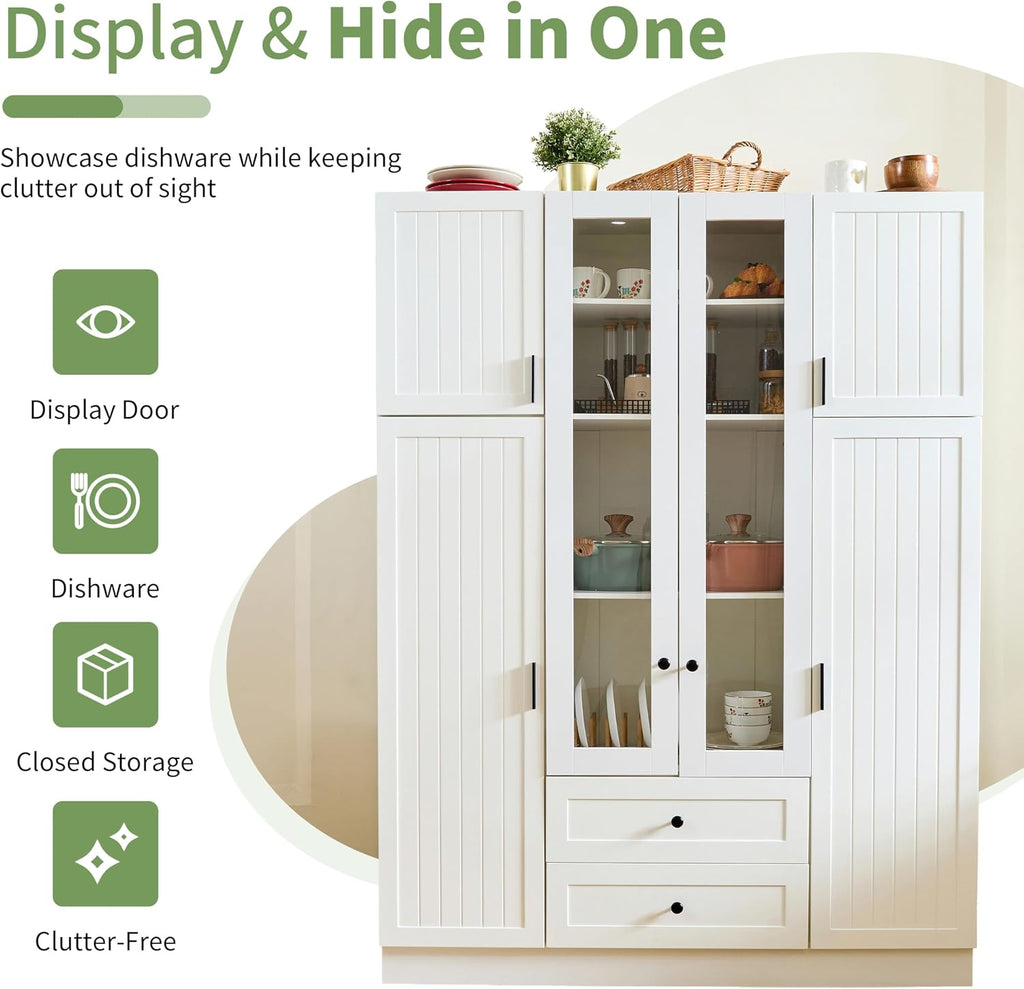 Kitchen Pantry with 6-Door, Drawers, Adjustable Shelves, Pull-Out, White | Spacious 53.2" freestanding sideboard with 6 doors, white finish, ideal for dining area, hallway, or living room display