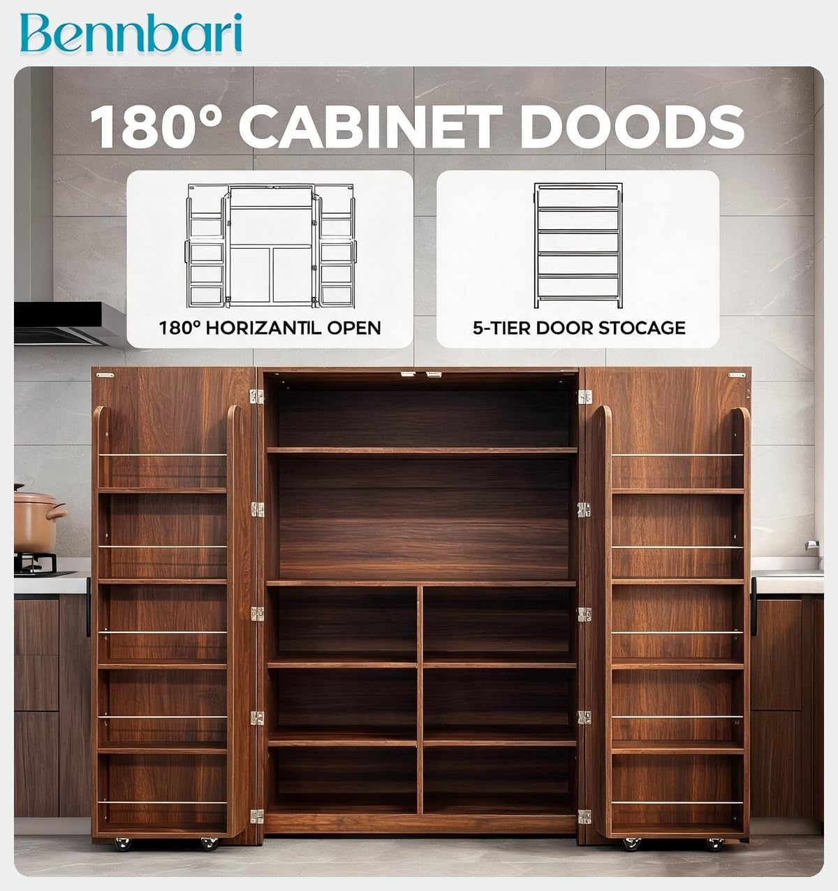 62.8" Tall Kitchen Pantry Cabinet with Shelves and Door Racks, Freestanding Food Cupboard Sideboard for Dining Room, Multifunctional Wooden Buffet Organizer (Walnut)