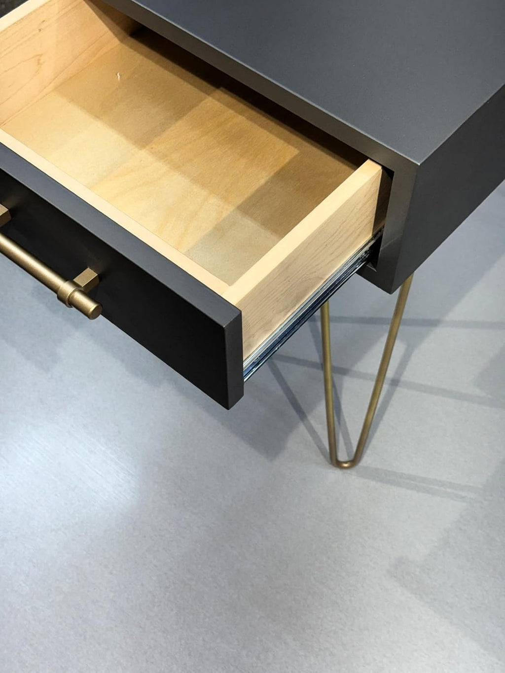 Modern Side Table/Nightstand with Drawer in Gunmetal, with Brass Finish Pull and Hairpin Legs. Every Product is Handmade in The USA. (Gunmetal)