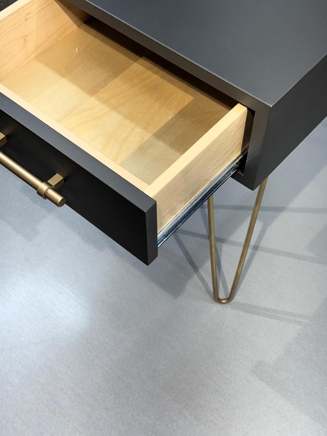 Modern Side Table/Nightstand with Drawer in Gunmetal, with Brass Finish Pull and Hairpin Legs. Every Product is Handmade in The USA. (Gunmetal)