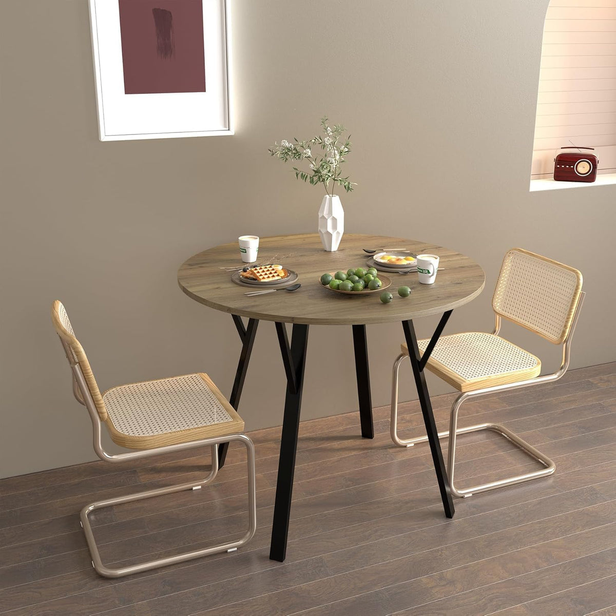 Round Dining Table with Metal Black Legs,35.43 Inch Circle Brown Kitchen Table Modern Dining Room Smal Table for 2-4 People (35.43'')