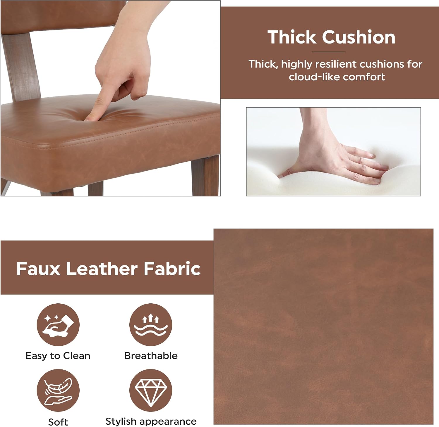 Mid-Century Dining Chair Set of 4, Upholstered Kitchen Chair with T-Shaped Back, Faux Leather with Wood Grain Metal Legs, Comfortable Padded Seat forKitchen, Living Room, Brown(Only Chairs)