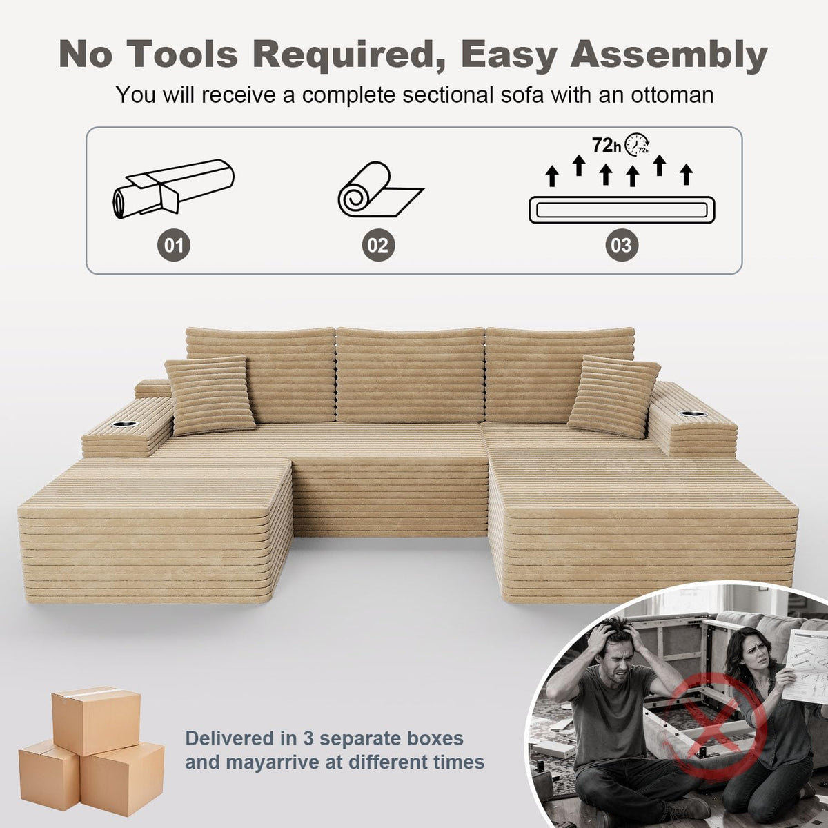 KCGKCG 106" Cloud Modular Sectional Couch with Ottoman, Modern U Shaped Corduroy Sofa, Higher 17.7" Seat Height, 32D Pure Foam, Built in Cup Holders, No Assembly Living Room(Camel, Left Facing Chaise)