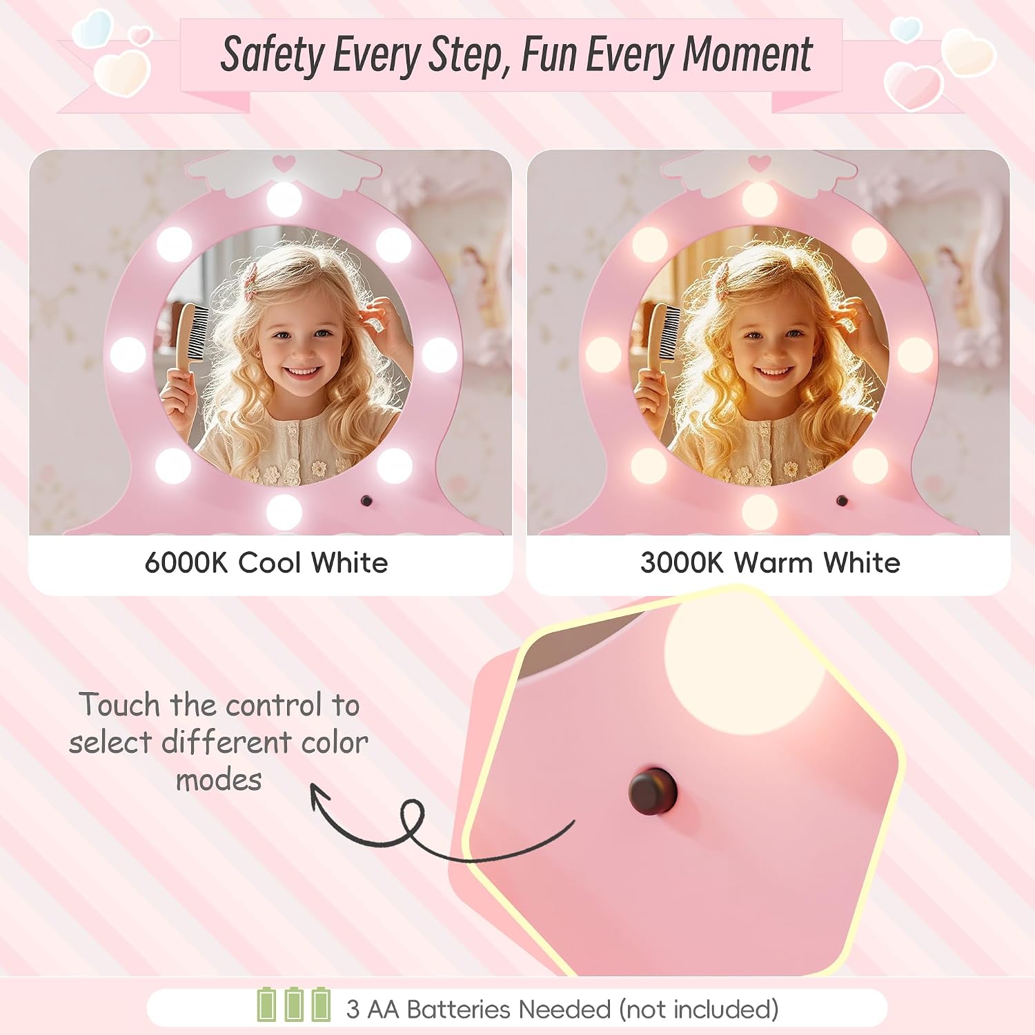 TOLEAD Girls Vanity with Lights, Mirror and Stool, Kids Make Up Vanity Set with Storage Space, Wing Pattern for Little Girls, Toddler Princess Makeup Dressing Table with Chair Set, Pink
