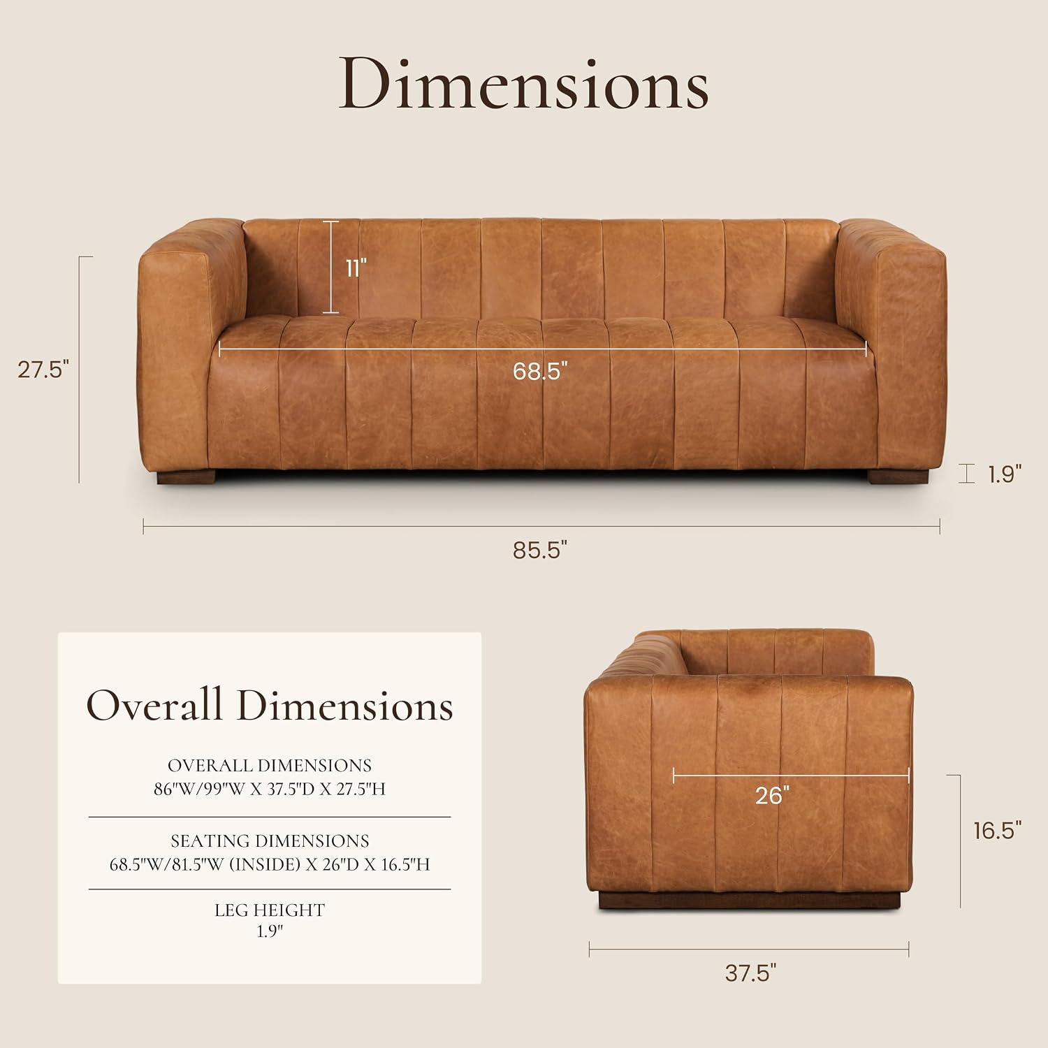 POLY & BARK Canale Sofa – 86" Channel-Tufted Italian Leather Couch – Cognac Tan Full-Grain Pure-Aniline or Semi-Aniline Leather, Solid Wood Frame & Legs
