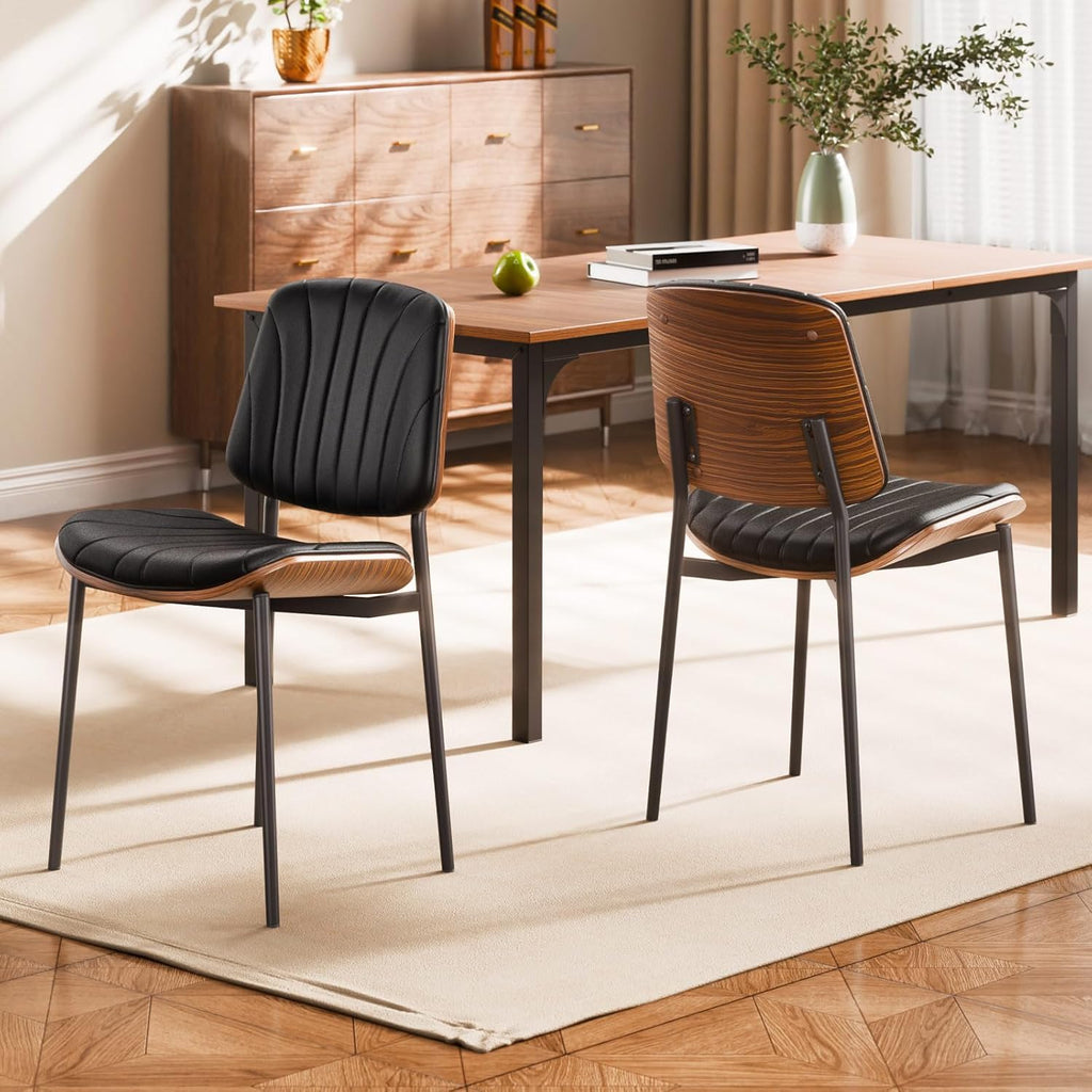 VEVOR Modern Dining Room Accent Chairs Set of 2, Upholstered Leather Side Chair for Dining Room, Space-Saving Kitchen Living Room Chair with Thick Cushions and Metal Legs, Black