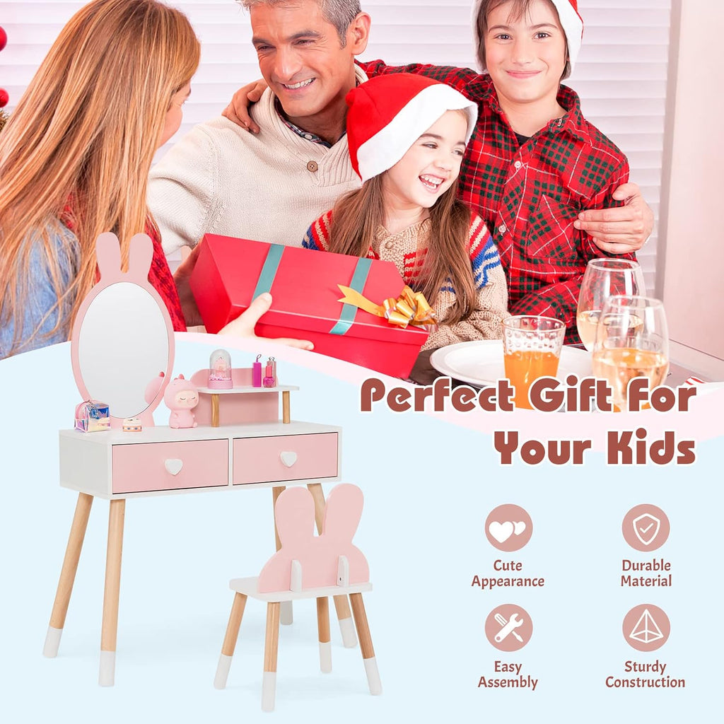 INFANS Kids Vanity Set, 2 in 1 Wooden Princess Makeup Table and Chair with Mirror Storage Drawers Shelf, for Little Girls, Rabbit Themed Toddler Dressing Desk Beauty Play Set Gift