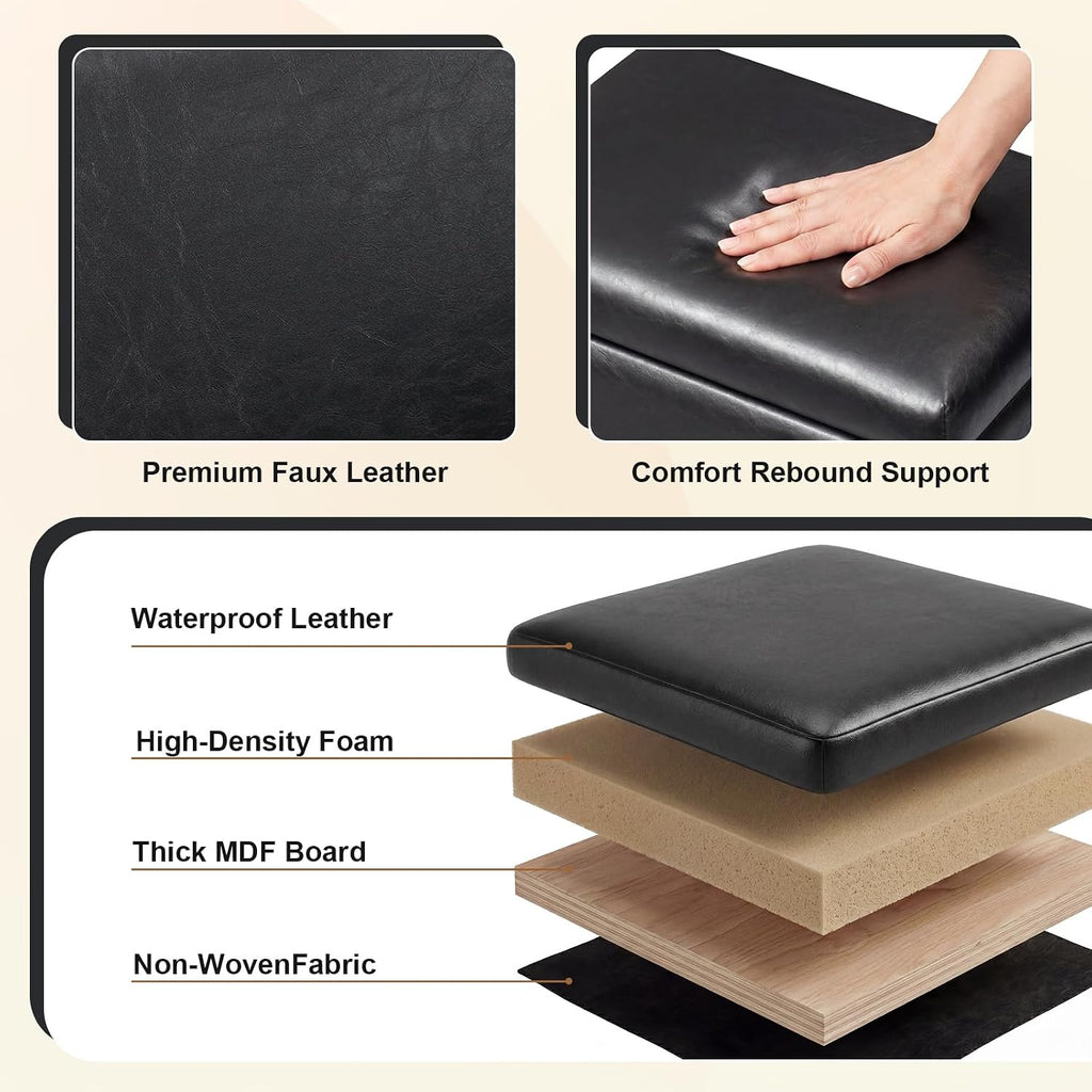 16" Faux Leather Storage Ottoman Foot Rest Stool with Wooden Tray, Footstool with Side Pocket & Wooden Legs, Small Space Coffee Table & Seat for Living Room, Bedroom, Dark Brown, Black