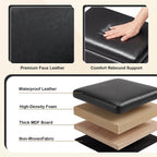 16" Faux Leather Storage Ottoman Foot Rest Stool with Wooden Tray, Footstool with Side Pocket & Wooden Legs, Small Space Coffee Table & Seat for Living Room, Bedroom, Dark Brown, Black