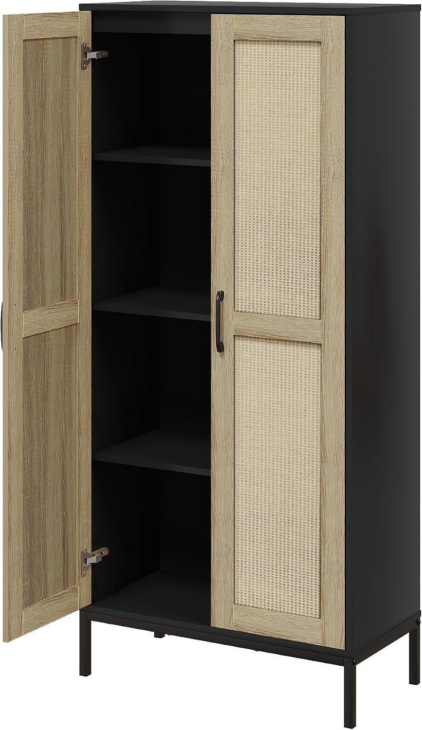 60" Tall Kitchen Pantry with 2 Rattan Doors and 3 Adjustable Shelves,Freestanding Cupboard Storage Cabinet for Kitchen, Laundry Room, Dinning Room and Living Room,Black