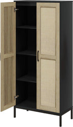 60" Tall Kitchen Pantry with 2 Rattan Doors and 3 Adjustable Shelves,Freestanding Cupboard Storage Cabinet for Kitchen, Laundry Room, Dinning Room and Living Room,Black
