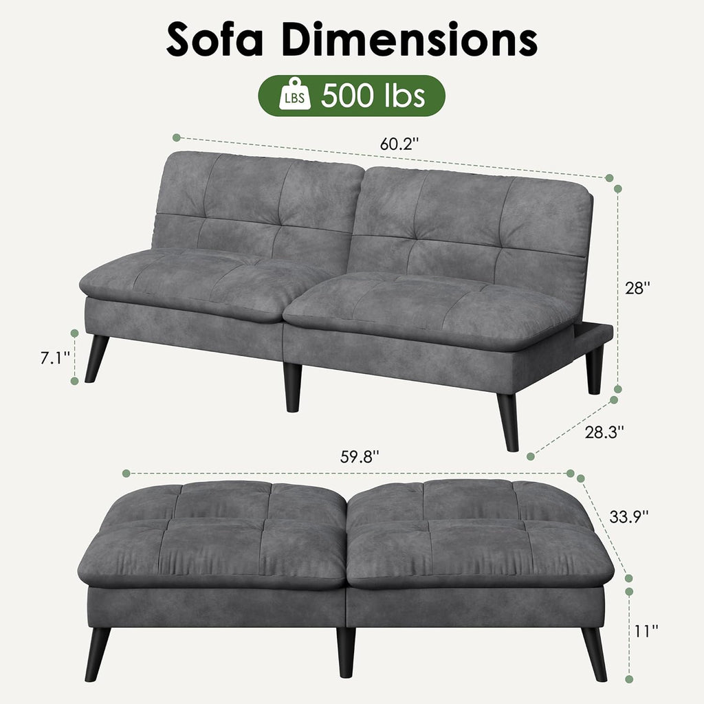 Vongrasig Futon Sofa Bed Velvet Futon Couch with Adjustable Backrest, Small Convertible Folding Sleeper Sofa Bed, Modern Loveseat for Living Room, Bedroom and Small Space, (Gray)