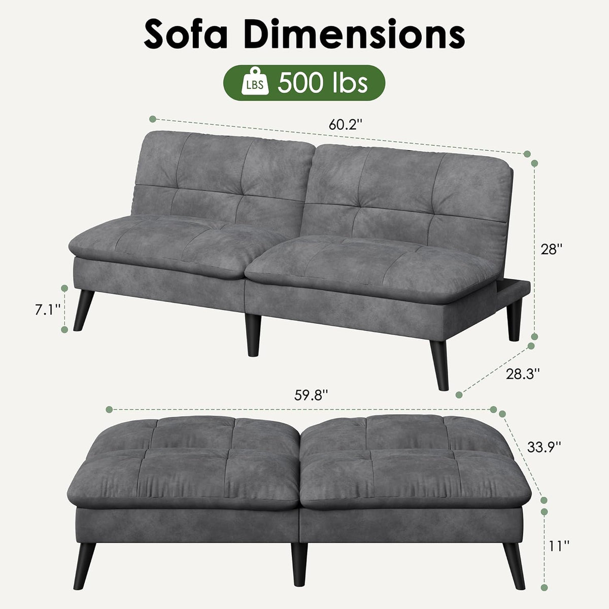 Vongrasig Futon Sofa Bed Velvet Futon Couch with Adjustable Backrest, Small Convertible Folding Sleeper Sofa Bed, Modern Loveseat for Living Room, Bedroom and Small Space, (Gray)