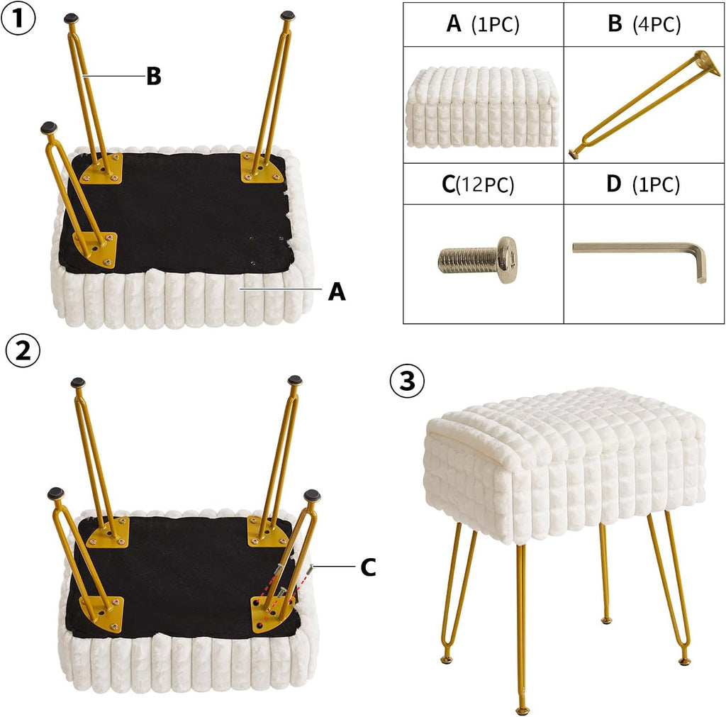IBUYKE Rectangle Vanity Chair Ottoman, Footrest Stool, White WBD004W | Storage Space Footstool Vanity Stool Dressing Table Chair Anti-Slip Feet Makeup Room Bedroom Square Grid Pattern