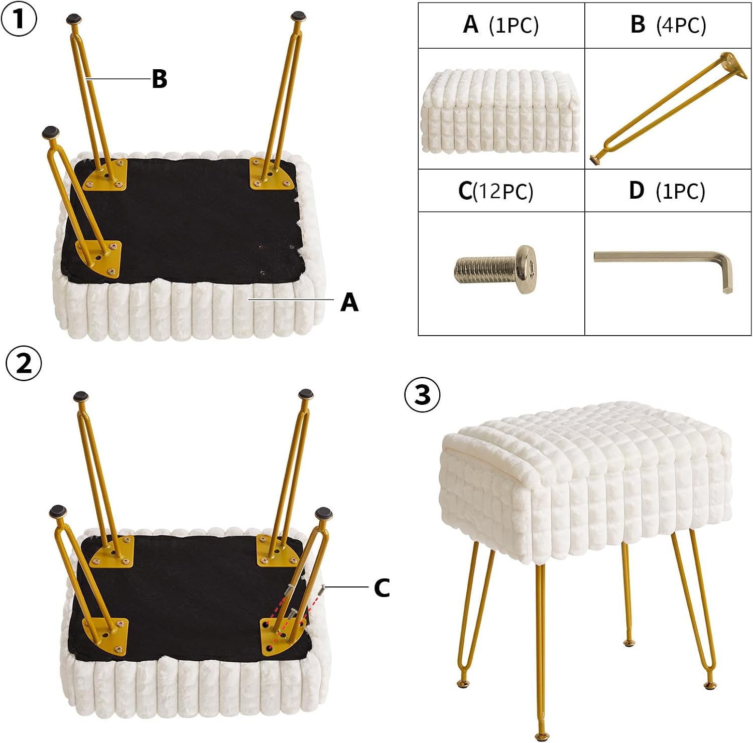 IBUYKE Rectangle Vanity Chair Ottoman, Footrest Stool, White WBD004W | Storage Space Footstool Vanity Stool Dressing Table Chair Anti-Slip Feet Makeup Room Bedroom Square Grid Pattern