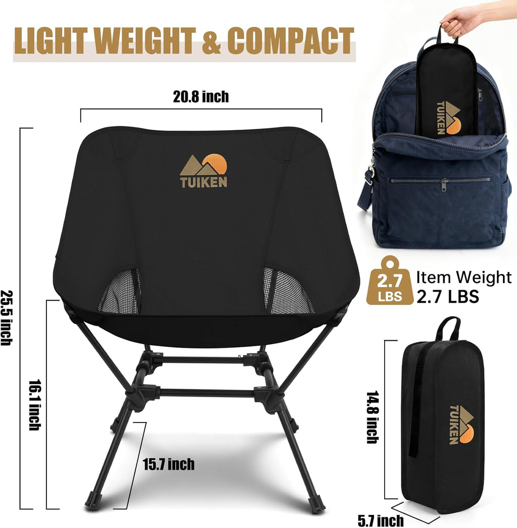 Ultralight Camping Chair Backpacking Chair, Portable Camp Chair with Cup Holder & Storage Bag, Lightweight Compact Folding Chair for Hiking, Travel, Picnic Mountaineering（Deep Black）