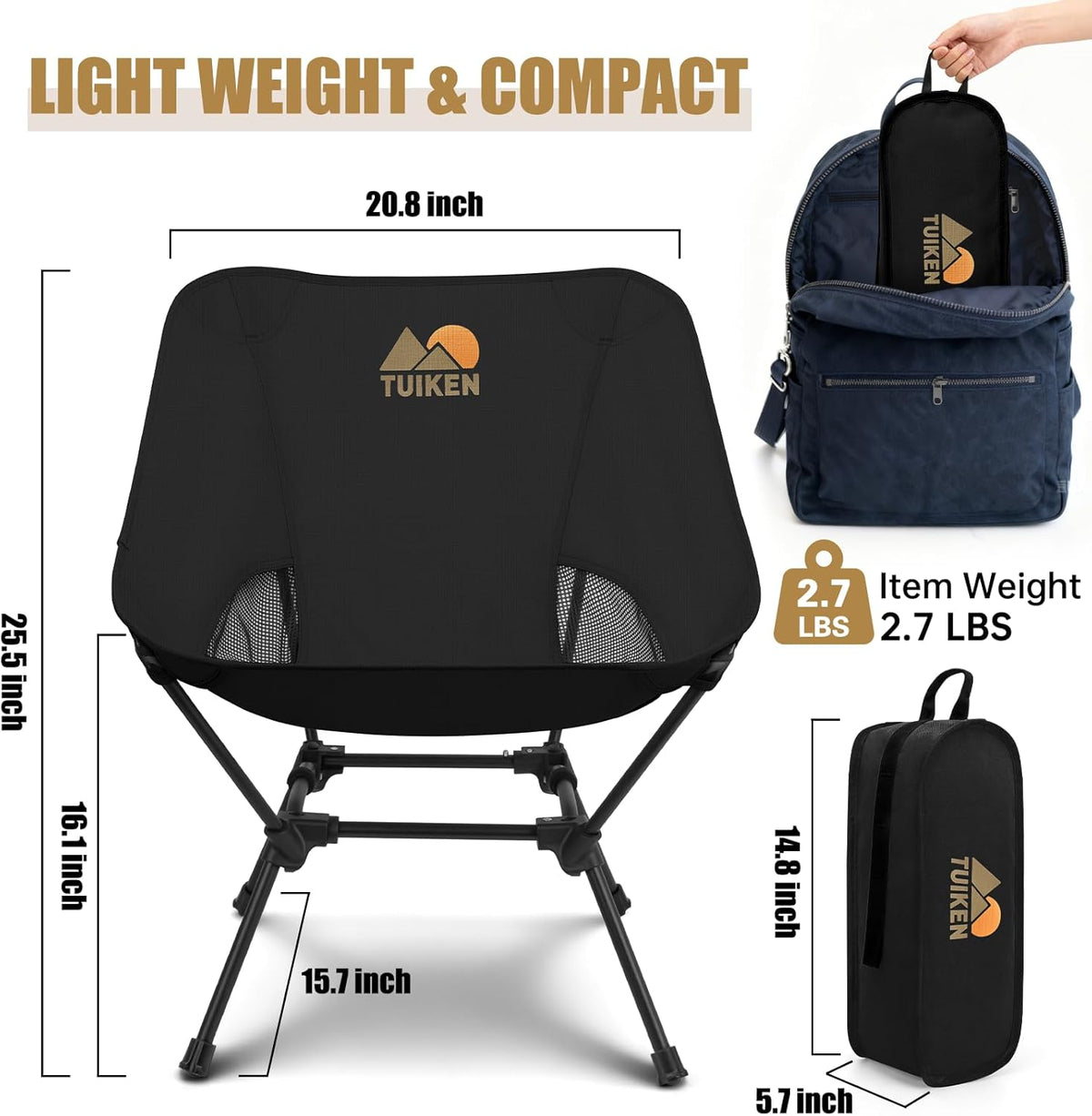 Ultralight Camping Chair Backpacking Chair, Portable Camp Chair with Cup Holder & Storage Bag, Lightweight Compact Folding Chair for Hiking, Travel, Picnic Mountaineering（Deep Black）