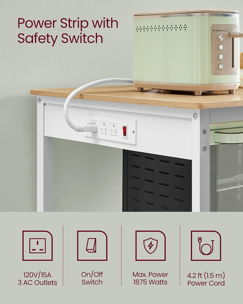 VASAGLE Kitchen Island with 3 Shelves, Storage Cabinet, Steel Structure | Kitchen Shelf with Large Wooden Worktop, 47.2 Inches Width, Golden Oak and Matte White, BARNET Collection UKKI101Y01
