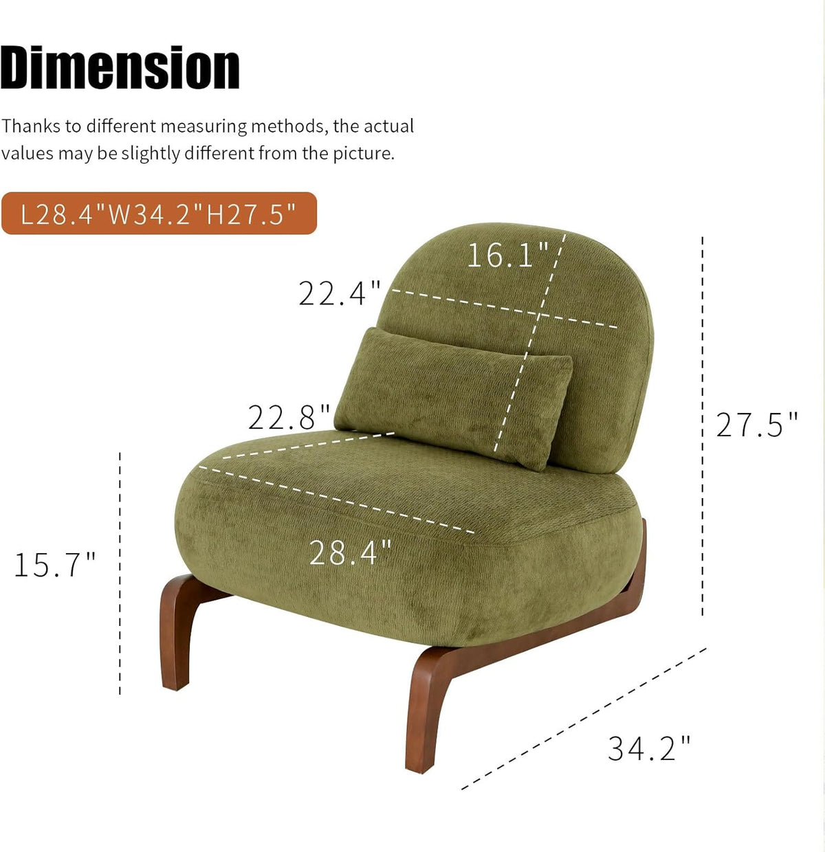 KEIKI Cute Comfy Accent Chair with Solid Wood Legs, Velvet Upholstered Single Sofa Chair for Living Room, Bedroom, Balcony or Waiting Room, Cozy Armless Cloud Chair Design, Green