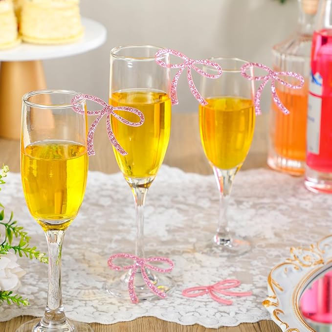 50 Pcs Bows Drink Tags Coquette Bow Wine Glass Charms Acrylic Bowknot Drink Tag for Bachelorette Birthday Wedding Coquette Tasting Party Decor Accessory(Glittery Pink)