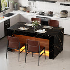 63" Modern Imitation Marble Stripes Kitchen Dining Table, Black Island Table with Grille Design and LED Lights for 4-6 People, Large Imitation Marble Dining Table for Home Kitchen Living Room.