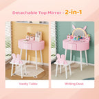 JOYMOR Kids Vanity with Lights, Girls Vanity Set w/Touch Screen 3 Colors Adjustment, Solid Wood Leg, 1 Drawer, 2 Storage Boxes, Kids Vanity Table and Chair Set (Pink)