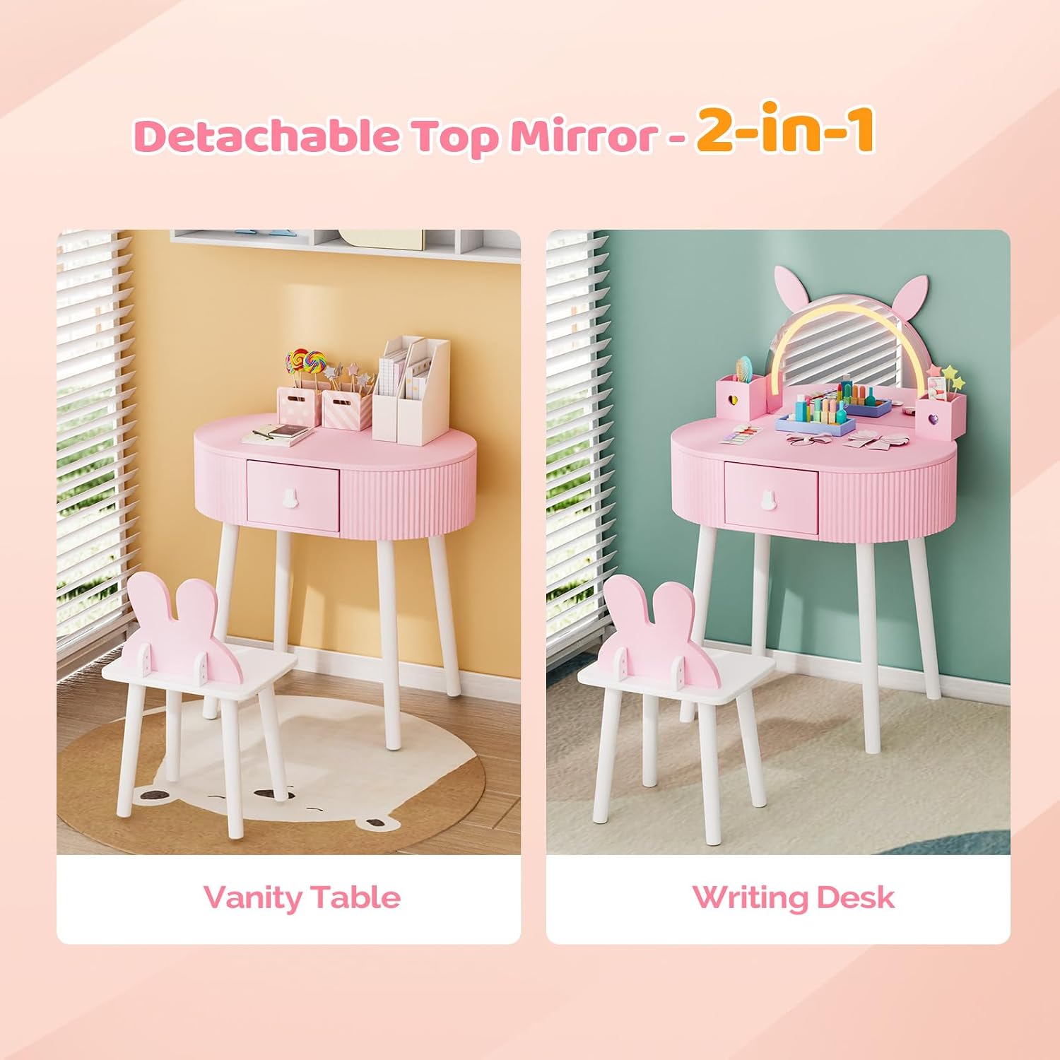 JOYMOR Kids Vanity with Lights, Girls Vanity Set w/Touch Screen 3 Colors Adjustment, Solid Wood Leg, 1 Drawer, 2 Storage Boxes, Kids Vanity Table and Chair Set (Pink)