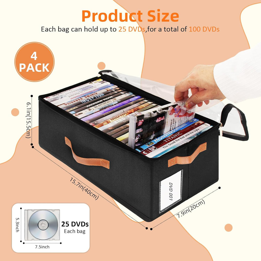 4 Pack DVD Storage Box, Stackable Oxford Fabric DVD Cases Holder with Front Zippered Clear Window and Handles, 15.7 x 7.9 x 6.1 In, Foldable DVD Organizer Rack, Holds Up to 100 DVDs (25 Each)
